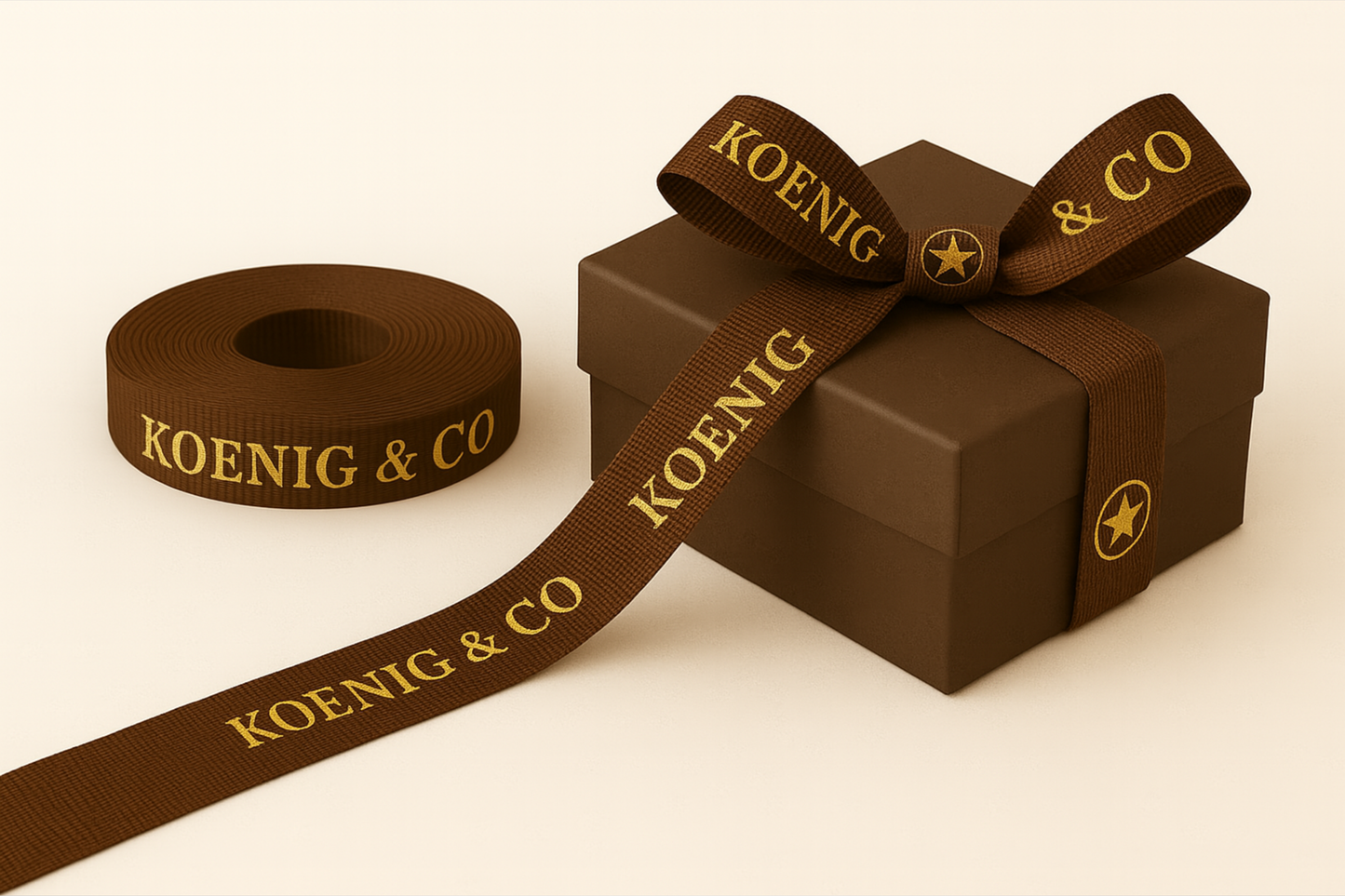 Une photo de ruban cadeau grosgrain marron avec impression