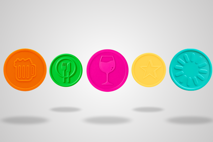 Jetons plastique en stock de JM Band®. Achetez ici des jetons bière orange, nourriture verte, vin rose, étoile jaune et fleur turquoise