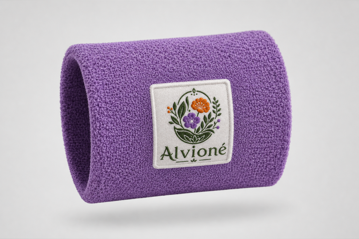Bracelet éponge violet avec logo floral et texte brodés – bracelet avec logo personnalisé par JM Band®