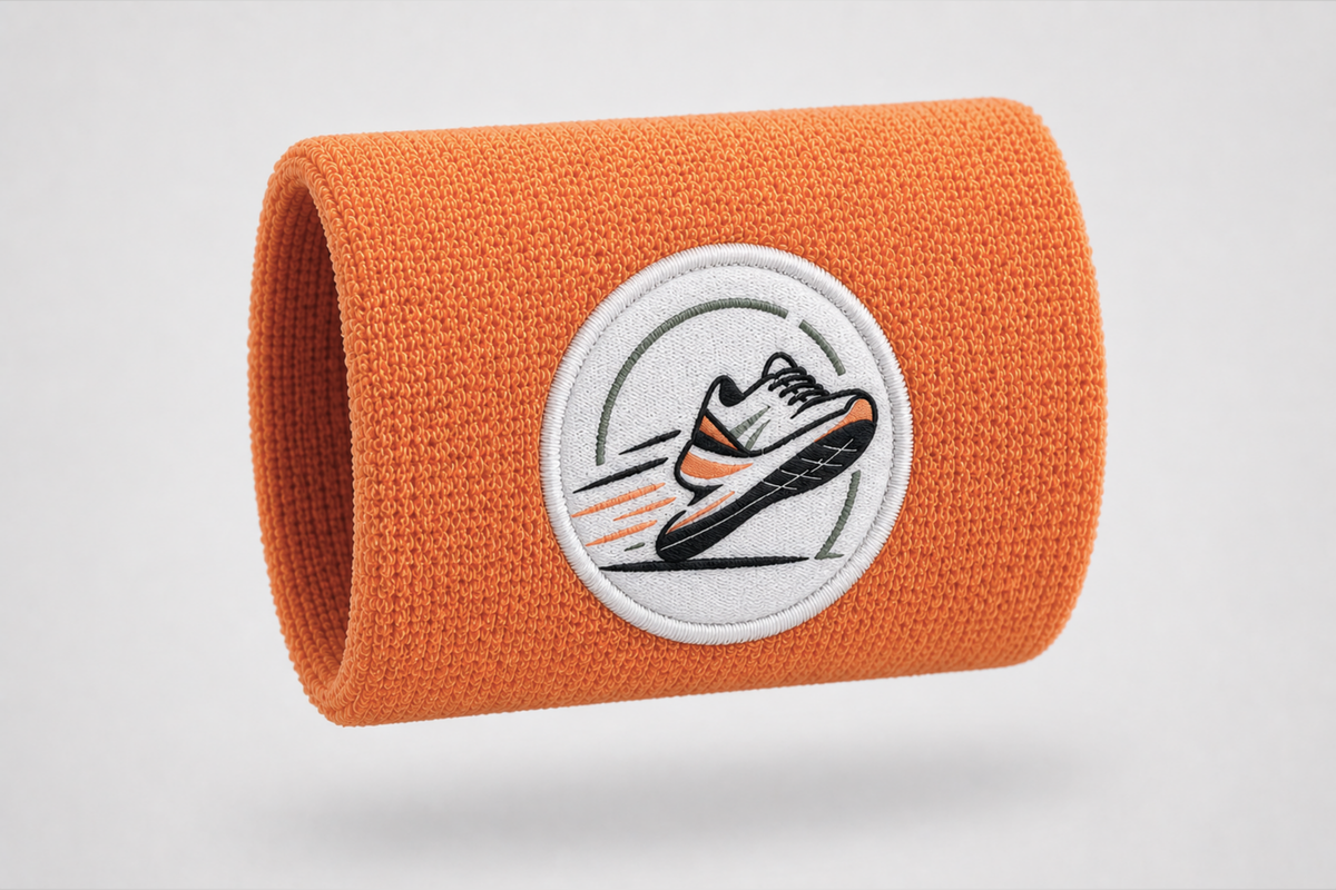 Bracelet éponge orange avec logo de chaussure de course brodé – bracelet personnalisé avec logo par JM Band®