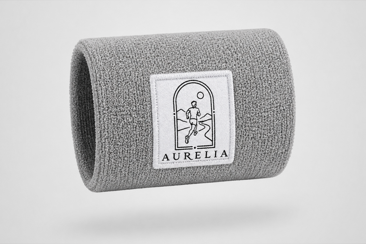 Bracelet éponge gris avec logo de course et texte brodés – bracelet personnalisé par JM Band®